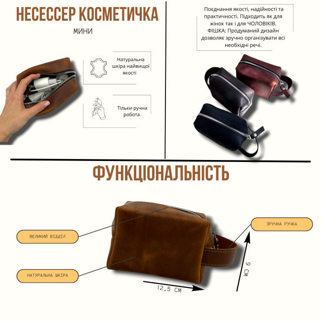 Шкіряний несесер косметичка міні (кайзер) зелений Шкіряний несесер косметичка міні (кайзер) зелений