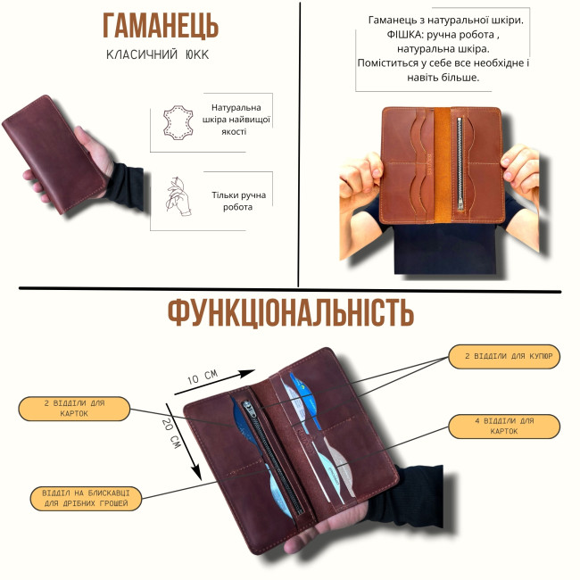 Чоловічий класичний гаманець ЮКК ручної роботи (крейзі) синій