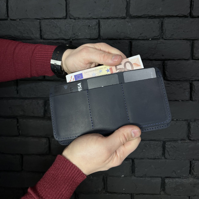 Чоловічий гаманець ручної роботи подвійного складання (крейзі) синій Чоловічий гаманець ручної роботи подвійного складання (крейзі) синій