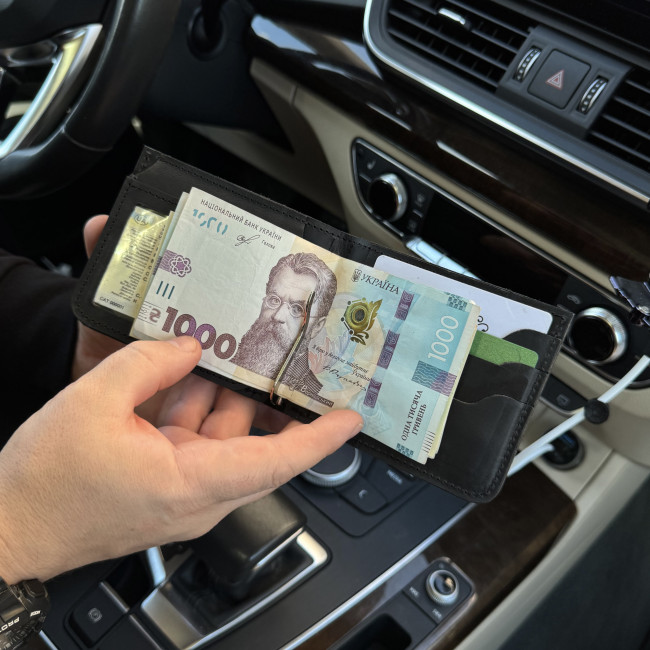 Гаманець із затискачем зі шкіри (крейзі) чорний Гаманець із затискачем зі шкіри (крейзі) чорний