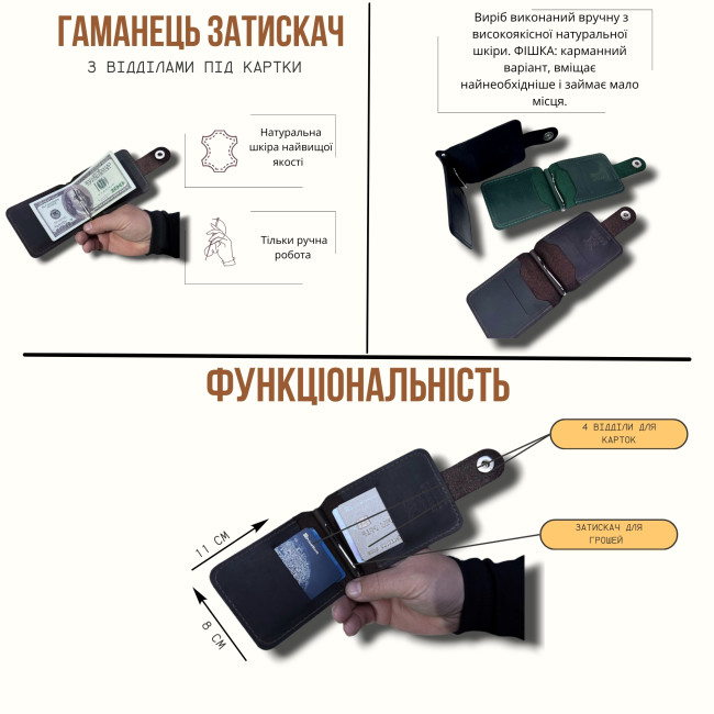 Затискач для грошей з відділами під картки (крейзі) хакі Затискач для грошей з відділами під картки (крейзі) хакі