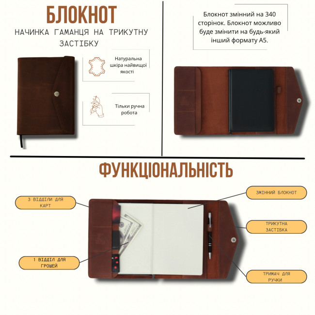 Шкіряний блокнот ручної роботи А5 (трикутник) (крейзі) Коньячний